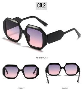 Three-angle display of black geometric sunglasses with purple gradient lenses