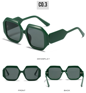 Three-angle views of dark green chunky hexagonal sunglasses with thick temples and gray lenses