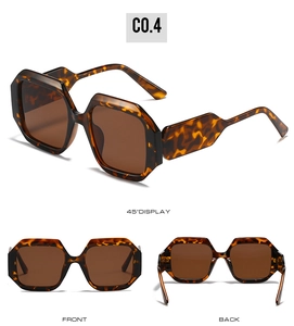 Three views of oversized geometric sunglasses with tortoise shell frames and brown lenses