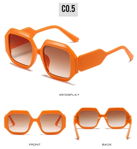 Three-angle view of bright orange hexagonal sunglasses with unique wide stepped temples