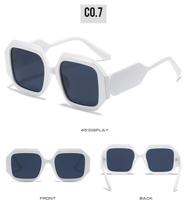 Detailed views of white square thick frame sunglasses with dark lenses from three angles