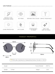 Detailed size guide for round metal sunglasses featuring UV400 and frame dimensions