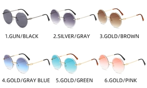 Detailed collection of round rimless sunglasses with gradient lenses and carved metal temples