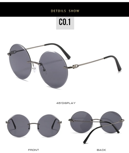 Three-view layout of round rimless sunglasses showing front, back, and 45-degree angles