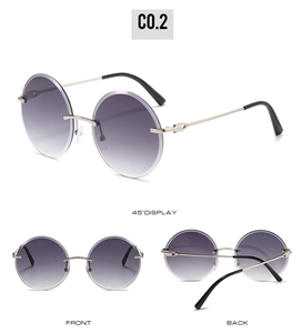 Three-view display of rimless round sunglasses with purple gradient lenses and metal frames