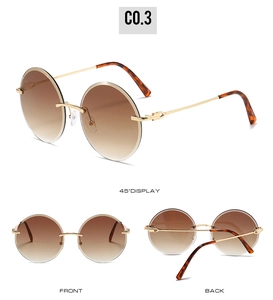 Three perspectives of rimless round sunglasses with brown gradient lenses and gold metal details
