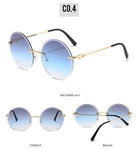 Multi-angle view of rimless round sunglasses with blue gradient lenses and gold metal frame