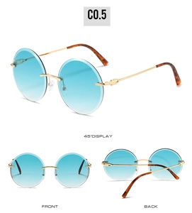 Three-view display of rimless round sunglasses with blue-cyan gradient lenses and gold temples
