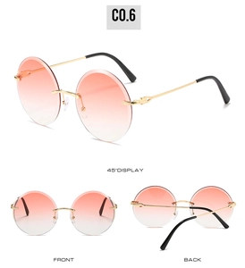 Three-way view of pink gradient rimless round sunglasses with slim gold metal temples