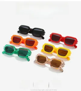 Close-up of diverse rectangular sunglasses featuring trendy zigzag temple designs in six colors
