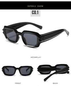 Three-view detail of cyberpunk square sunglasses with unique wavy textured temples