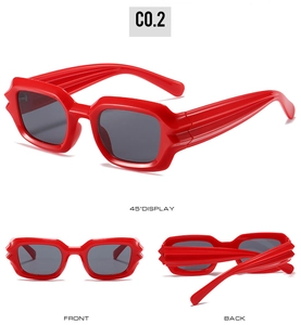 Three views of bright red punk square sunglasses with unique wavy textured temples