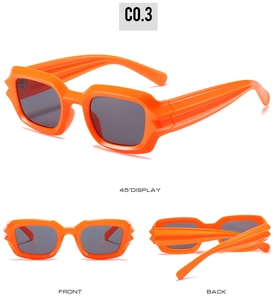 Bright orange square cyberpunk sunglasses with unique wave textured temples multi-angle view