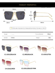 Detailed size chart showing dimensions for oversized metal frame square sunglasses