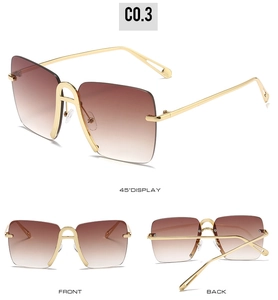 Multiple views of oversized rimless sunglasses with gradient lenses and gold metal temples