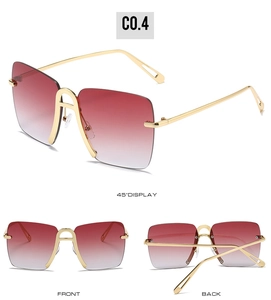Three-view display of oversized rimless sunglasses with gold metal frames and gradient lenses