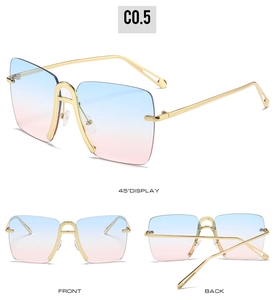 Detailed views of rimless square sunglasses with blue-pink gradient lenses and gold frames