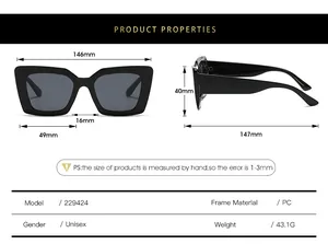 Detailed size chart for square cat eye sunglasses showing PC frame dimensions and specs
