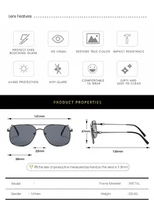 Detailed size chart and dimensions of unisex double-bridge metal sunglasses with UV400