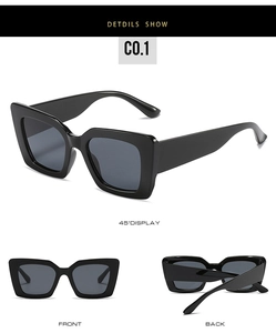 Three-angle view of black square cat-eye sunglasses with thick glossy frames and dark lenses
