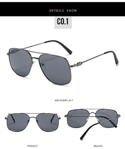 Detailed views of gunmetal aviator sunglasses featuring double bridge and cut edges