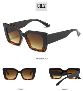 Three views of square cat-eye sunglasses in black and tortoiseshell with gradient lenses