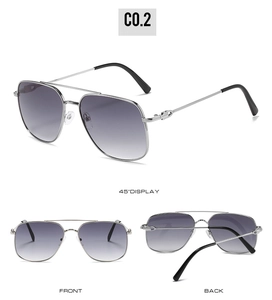 Three-view display of double-bridge aviator sunglasses with silver frame and gradient lenses