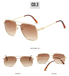 Three-angle display of gold metal aviator sunglasses with brown gradient lenses