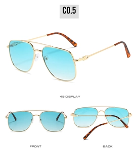 Three views of gold metal aviator sunglasses with gradient blue lenses and tortoise tips