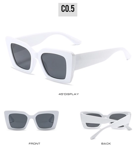 Three-view display of white thick-frame cat-eye sunglasses with dark grey lenses