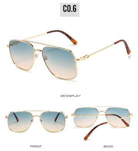Three-angle views of double-bridge metal aviator sunglasses with blue-orange gradient lenses