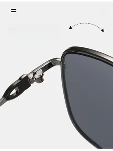 Close-up of durable gunmetal hinge on rimless double-bridge aviator sunglasses