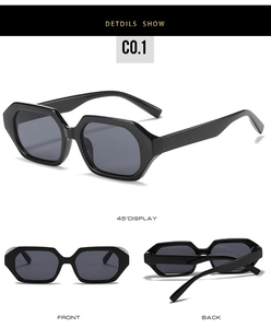 Detailed views of black hexagonal sunglasses showing front, back, and 45-degree angles