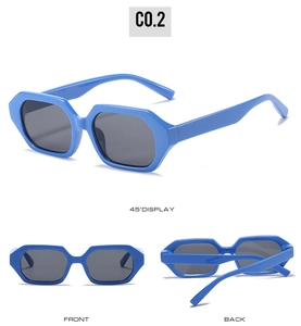 Multiple views of bright blue geometric sunglasses with dark lenses and 45-degree angle