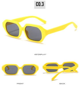 Three-view display of bright yellow geometric hexagonal sunglasses from front, side and back