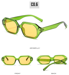 Detail views of geometric sunglasses with green translucent frames and yellow lenses