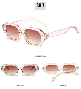 Three-angle view of pink geometric sunglasses featuring gradient brown lenses
