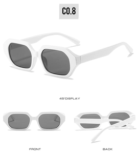Detailed views of white polygonal thick frame sunglasses with dark lenses from multiple angles
