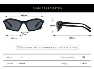 Detailed size guide for retro geometric cat-eye sunglasses with PC frame measurements