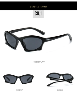 Detailed views of vintage geometric sunglasses in black frame with grey lenses