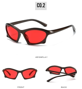 Three-way view of retro geometric sunglasses with thick brown frame and red lenses