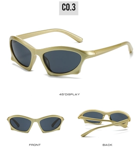 Three-angle display of retro geometric sunglasses with gold frame and dark grey lenses