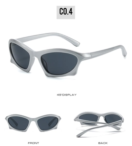 Three-view display of silver geometric sunglasses with tech-style jagged frame and grey lenses