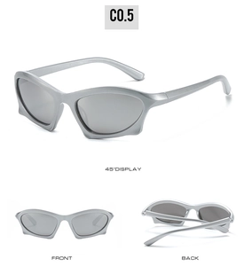 Three-angle views showing front, 45-degree, and back of silver sporty geometric sunglasses