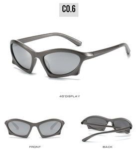 Three-angle view of modern geometric sports sunglasses with matte dark grey frames