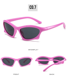 Three-angle display of rose pink geometric cat-eye sunglasses with dark grey UV lenses
