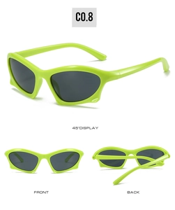 Three-angle view of modern geometric neon green sunglasses with dark grey lenses