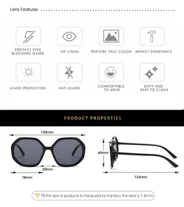 Size chart for octagonal sunglasses showing frame dimensions and UV400 lens features
