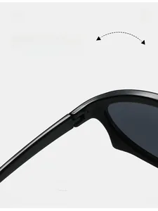 Detail of durable textured hinge on modern vintage black geometric sunglasses