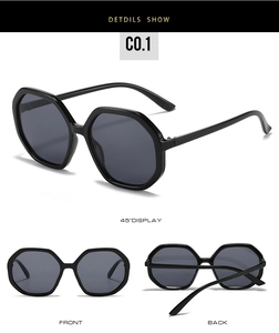 Three perspectives showing large hexagonal black sunglasses and dark grey polarized lenses